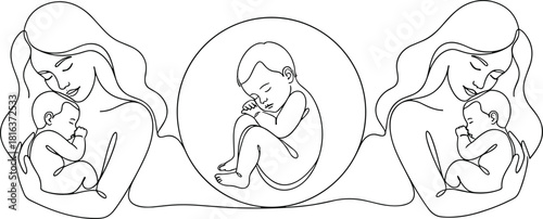 Elegant mother and baby line art illustration featuring maternal love, newborn care, pregnancy symbol, and family bonding in minimalist continuous line style