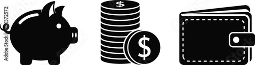 Collection of essential finance vector icons, black glyphs featuring a piggy bank, dollar coins, and a wallet, ideal for business, banking, and budgeting graphics