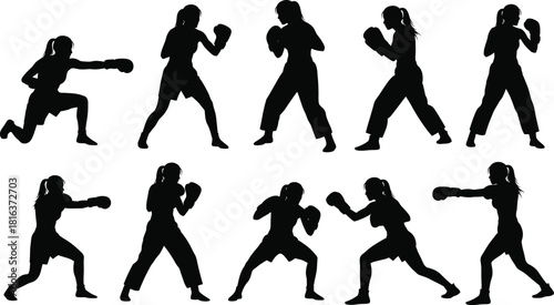 Collection of female fighter vector silhouettes, black isolated illustrations, dynamic boxing, martial arts, and fitness training action poses