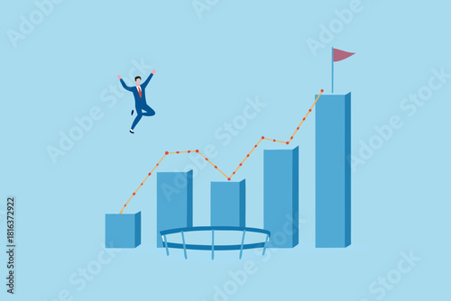 Businessman jumping over the obstacles to reach the goal on the top