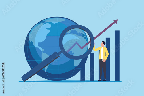 Global market analysis and growth with magnifying glass and business person