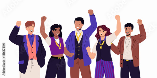 Diverse group of people celebrating success with raised fists