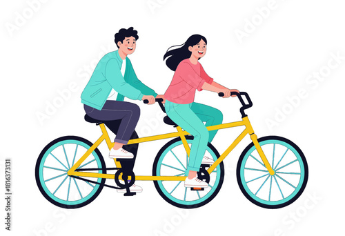 "Cheerful Couple Riding a Yellow Tandem Bike"