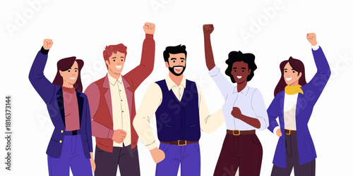 Diverse group of people raising fists in solidarity and empowerment