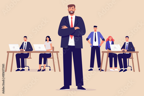 Confident business leader with team working at desks in background