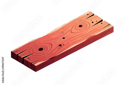 3D Red Wooden Plank with Detailed Grain Texture