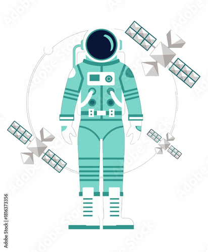 Astronaut in Space Suit Surrounded by Orbiting Satellites