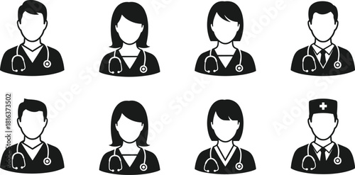 Collection of medical staff vector avatars, isolated black icons, male and female doctors and nurses with stethoscopes for healthcare UI and graphics