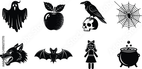 Collection of spooky black Halloween vector icons, isolated gothic and wicked fairy tale elements like ghost, bat, wolf, skull, and magic cauldron