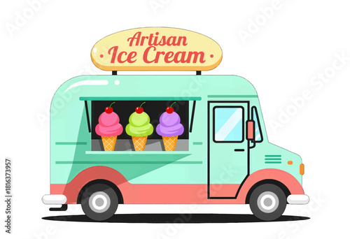 Colorful Artisan Ice Cream Truck with Ice Cream Cones