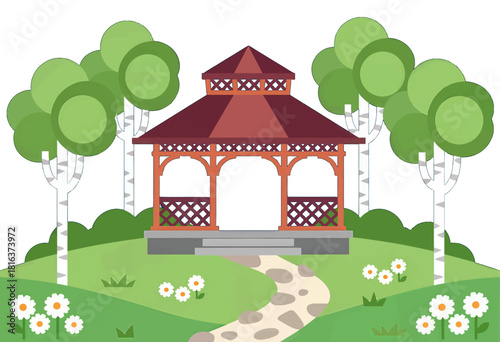 Charming Red Gazebo with Trees and Daisy Flowers