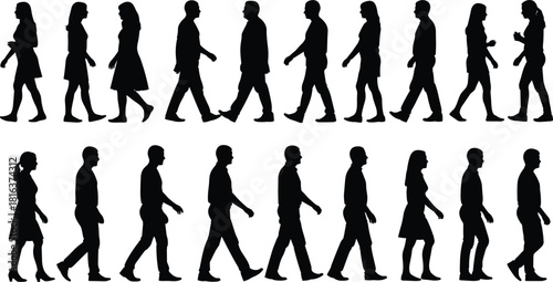 Collection of walking people vector silhouettes, isolated side view figures, men and women in motion for urban scenes, architecture, and infographic design