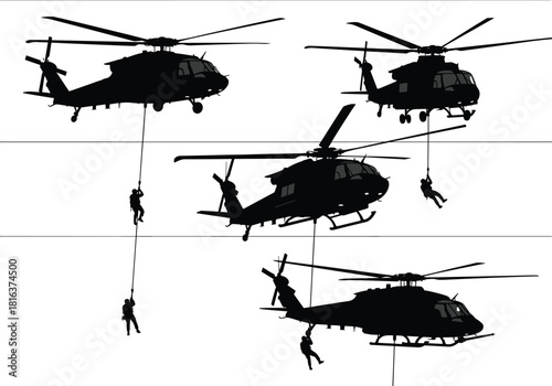 Military helicopters with soldiers rappelling in action silhouettes, tactical rescue operation illustration, special forces training scene for defense and aviation projects