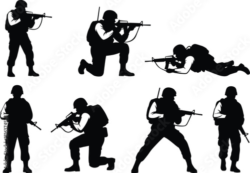 Military soldier silhouettes in various tactical poses with rifles, standing, kneeling, aiming, crawling, combat positions for training illustrations