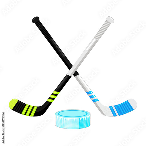 Crossed Hockey Sticks and Puck in Vibrant Colors
