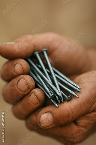 Close-up of Working Hand Holding a Group of Nails