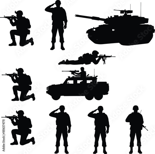 Military soldiers and army vehicles silhouettes in action poses, tactical combat illustration featuring tank, jeep, rifleman, salute, battlefield concept