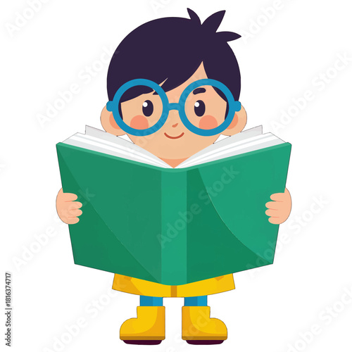 Cute child with glasses reading a green book