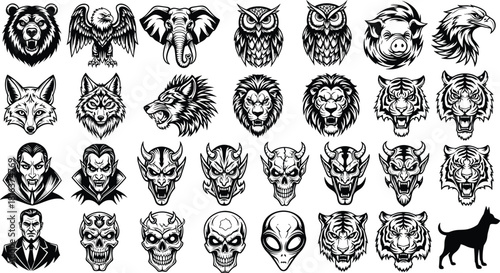 Diverse mega set of detailed vector mascot heads, black illustrations featuring wild animals, horror monsters, demon skulls, and fantasy creatures for logo design