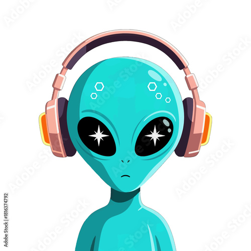 Cute Green Alien Wearing Pink Headphones