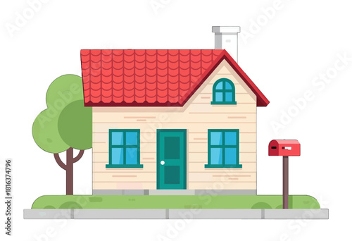 Cute House with Red Roof and Green Door