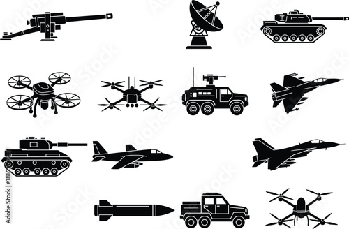Military vehicles, drones, tanks, missiles, and fighter jet silhouettes, modern warfare equipment icons set for defense, army, and security design