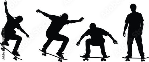 Dynamic set of vector skateboarder silhouettes, isolated black figures performing urban street tricks, ideal for extreme sports branding and youth apparel design projects