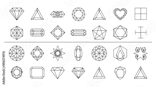 a collection of various geometric shapes and diamond cuts displayed in black outline perfect for design projects on transparent background silhouette