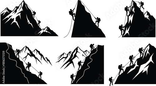 Mountain climbing silhouettes of hikers ascending steep peaks, adventure mountaineering vector illustration, teamwork expedition concept, extreme outdoor sport artwork