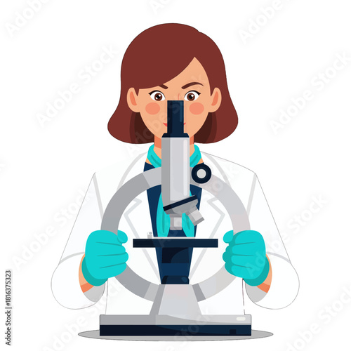 Female Scientist Examining Microscope Wearing Gloves and Lab Coat