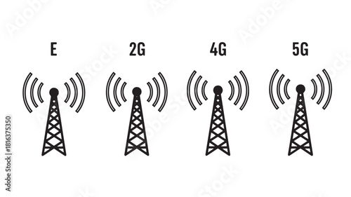 a series of four communication towers displaying increasing signal strength from 2g to 5g rendered as a black silhouette on transparent background