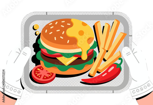 Fast food tray with juicy burger and fries
