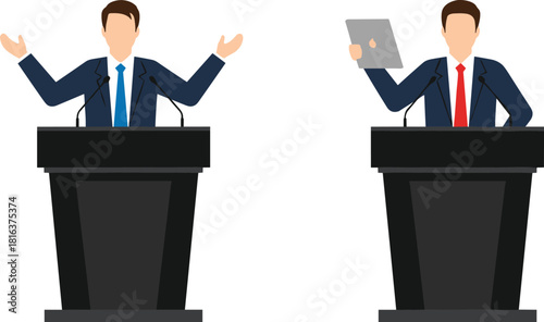Political debate speakers at podiums, business presentation leaders, public speaking illustration with microphone stands, conference communication and leadership concept artwork