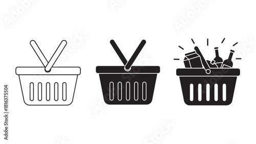 three black and white line art illustrations of picnic baskets one empty one solid and one filled with bottles on transparent background