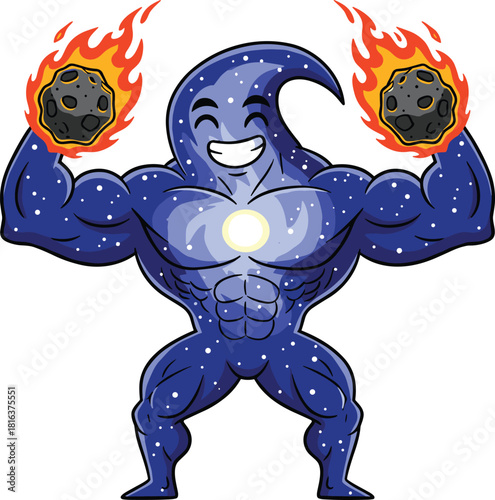 Powerful cosmic character flexing muscles with flaming meteors, strong galaxy-themed mascot illustration, muscular space hero artwork for design