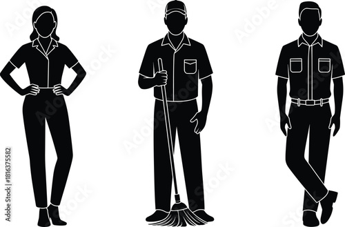 Professional cleaning and maintenance staff silhouettes standing in uniform representing janitorial service, housekeeping team, workforce labor and building service workers