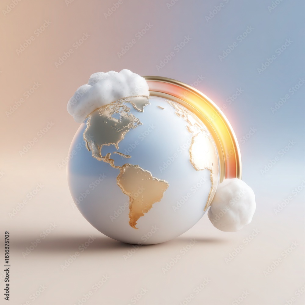 Naklejka premium A Planet's Dream: This image presents a beautifully rendered globe enveloped by a rainbow and clouds, symbolizing hope, dreams, and the harmonious integration of nature and planet.