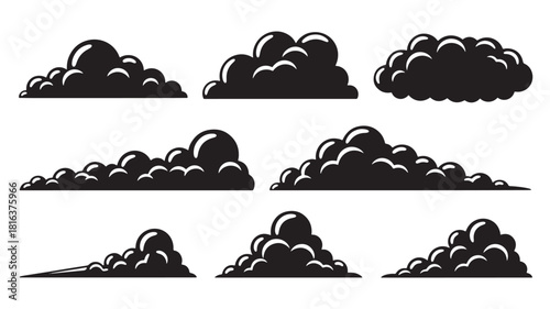 collection of six black cloud shapes arranged in rows perfect for various design projects and applications on transparent background silhouette high quality