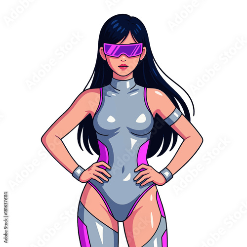 Futuristic woman in sleek metallic suit with goggles