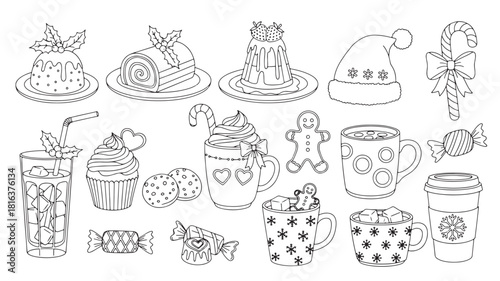 a charming collection of festive christmas sweets and drinks illustrations including cake cookies hot cocoa and candy canes on transparent background silhouette