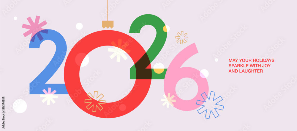 Obraz premium Happy New Year 2026 greeting banner. Trendy modern Xmas design with 2026 typography, overlay elements, snowflake and glitter. Horizontal poster, greeting card, header for website