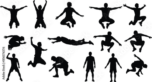 Set of athletic jumping and falling people silhouettes, isolated vector illustrations, extreme action poses for sport, fitness, parkour, and dynamic graphic design