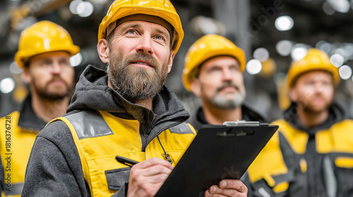 A small group of construction workers wearing safety helmets and vests looks up thoughtfully at the project. One worker takes notes on a clipboard, illuminated by soft natural light