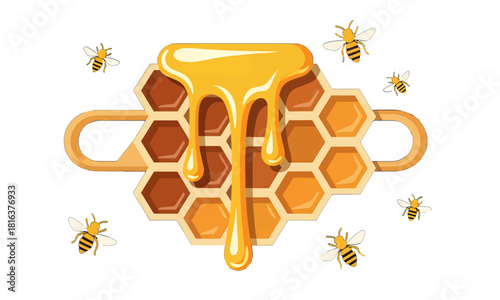 Honeycomb with Dripping Honey and Bees