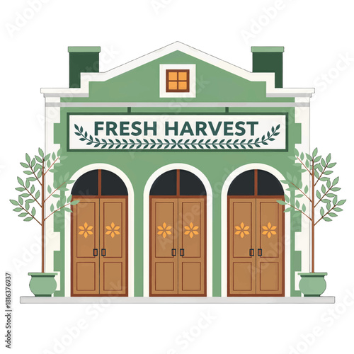Illustrated Green Building with Fresh Harvest Sign