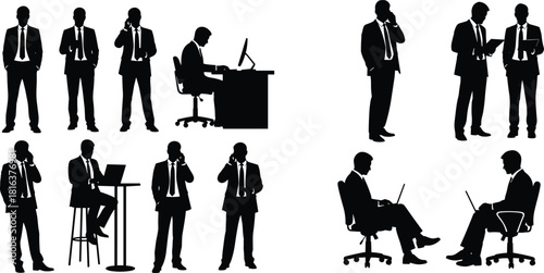 Set of corporate executive vector silhouettes, isolated figures using laptops, phones, and consulting, essential for business presentations and infographic design