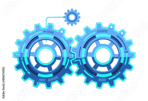 Interlocking Blue Gears with Glowing Cyber Design