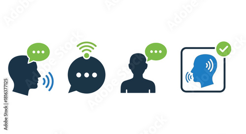A set of flat vector icons, representing voice and communication technology