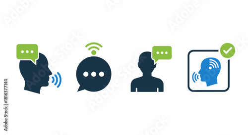 A set of flat vector icons, representing voice and communication technology