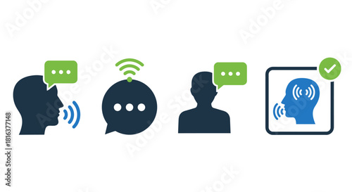 A set of flat vector icons, representing voice and communication technology